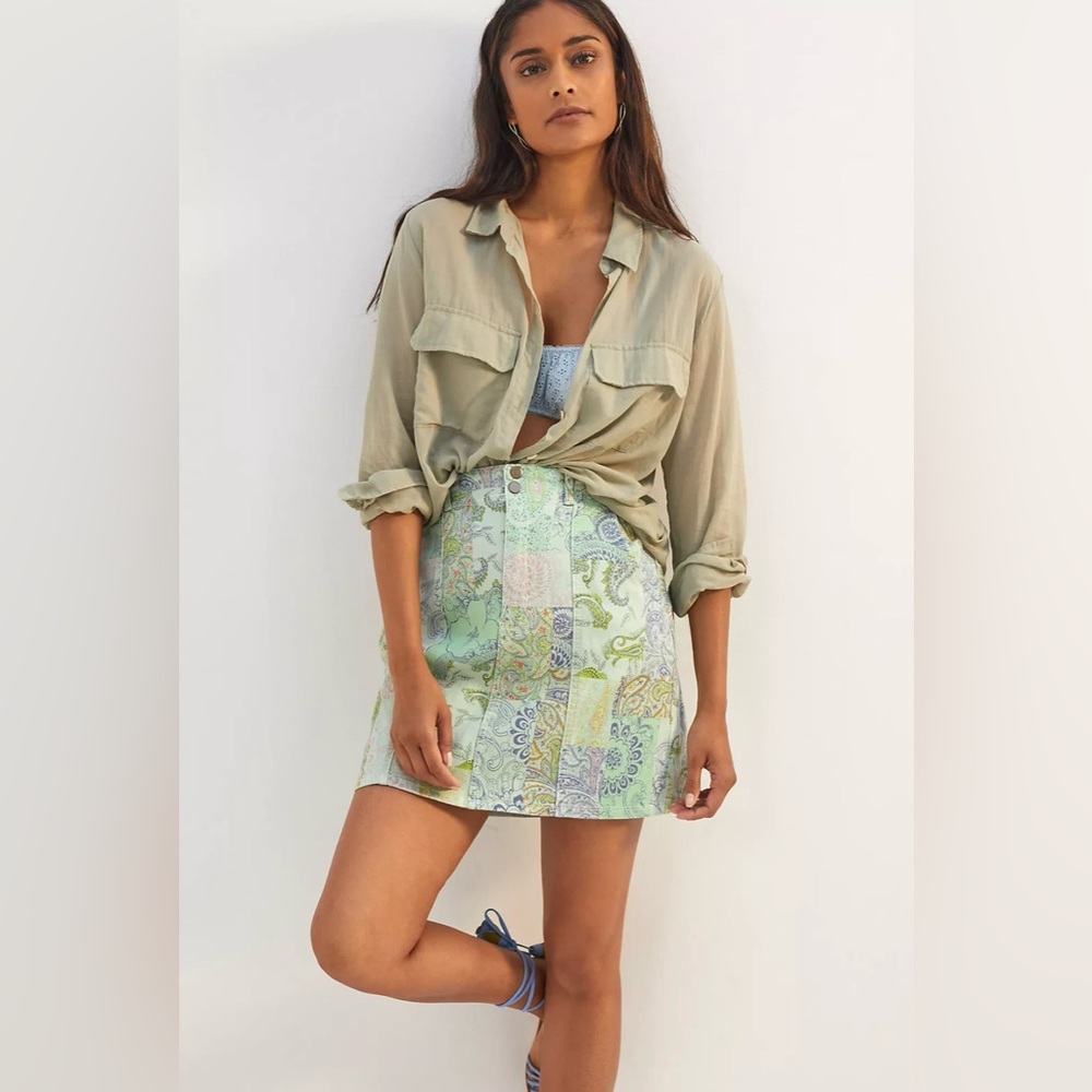 Anthropologie Pilcro Green Patchwork Denim Skirt